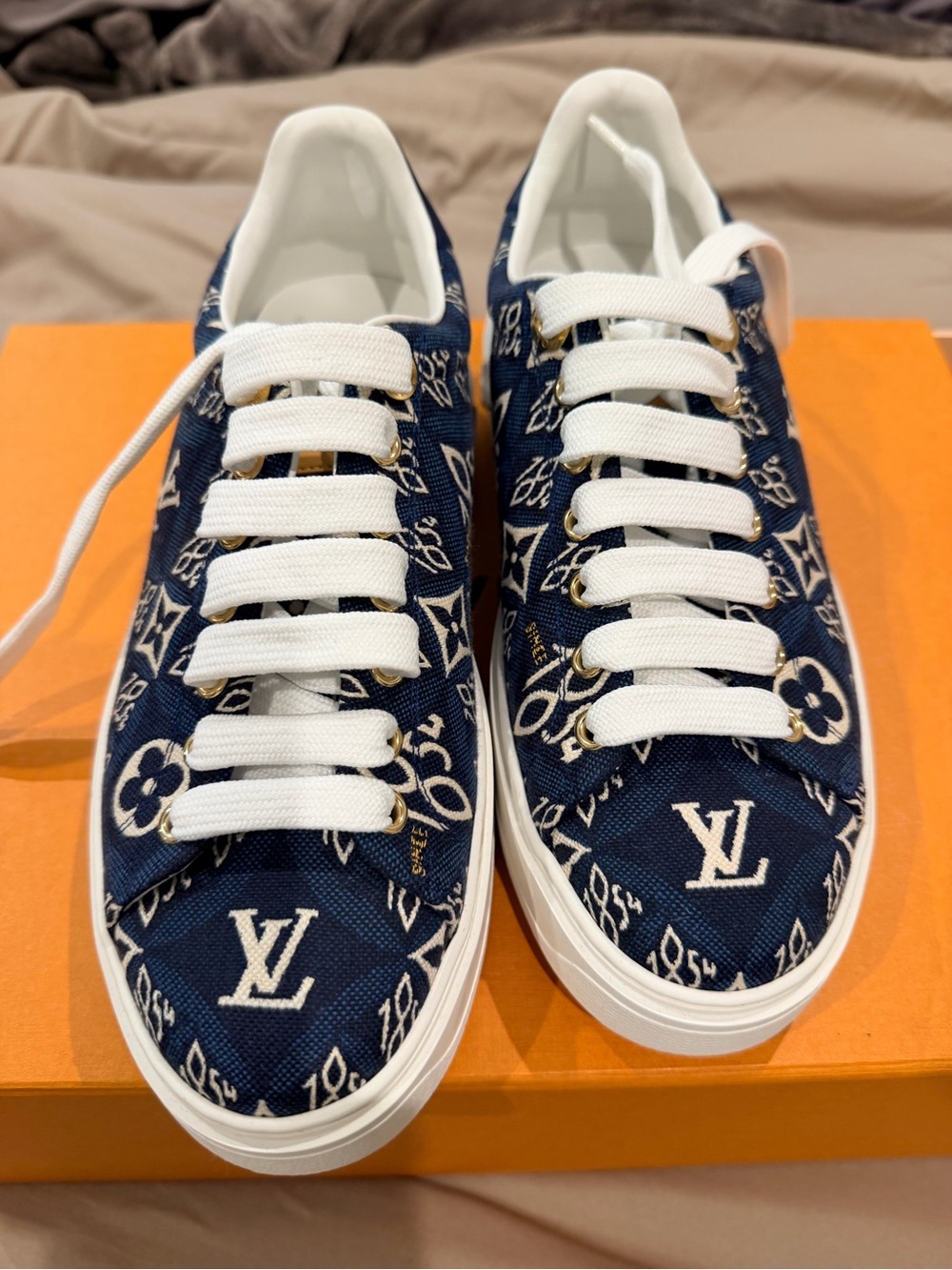Louis Vuitton Navy & White Monogram Low-Top Sneakers with Gold Accents